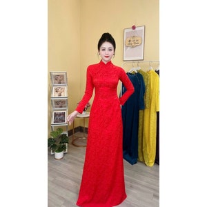 Pre-make Vietnamese Traditional Ao Dai, brocade Ao Dai, red dress with pants for Girls Women wedding party ao dai gam co cao.
