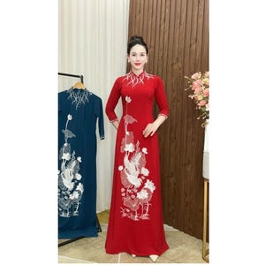 Embroidery Ao Dai, red, blue dress, Pre-make Vietnamese Traditional Ao Dai with pants for women mother wedding party, luxurious suit thêu
