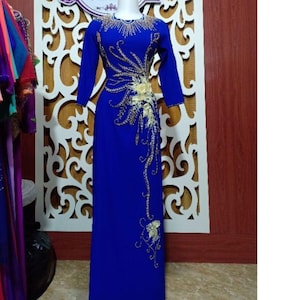 Blue ao dai for mothers, hand embroidered dress, Pre-make Vietnamese Traditional Ao Dai with pant for Women  holiday wedding, đính thủ công