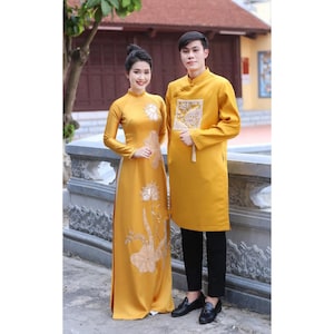 Yellow Wedding Ao Dai , Bridal and Groom dress, men&#39;s ao dai, couple ao dai, Pre-make Vietnamese Traditional Ao Dai for Girl Women wedding