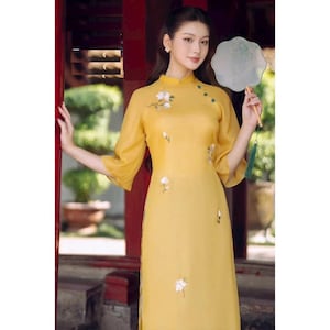Pre-make Vietnamese Traditional Ao Dai, Ao Dai  embossed flowers and leaves, dress with pants for Girls Women ao dai party, wedding