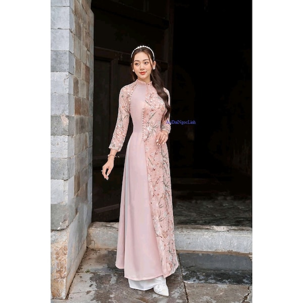 Pre-make Vietnamese Traditional Ao Dai, flowers Innovative Ao Dai, silk lining, pearl, pink Chalk with pant for Girls Women wedding party