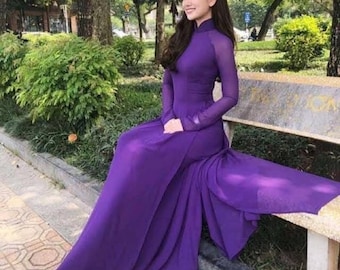 Pre-make Vietnamese Traditional Ao Dai, Hue purple long dress with pants for Girls Women ao dai