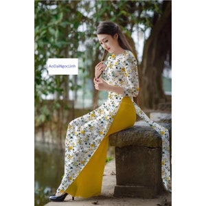 Pre-make Vietnamese Traditional Ao Dai, High quality 3D printed flower Ao Dai, colorful Ao Dai with pants, for girl Women Birthday holiday