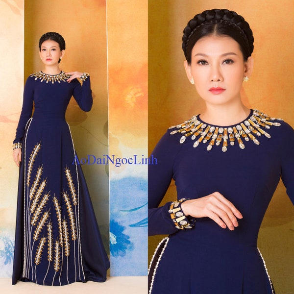 Pre-make Vietnamese Traditional Ao Dai, navy ao dai, Middle -aged dresses for mother motifs Luxury rice cotton with pant for mother's party