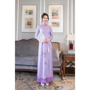 Pre-make Vietnamese Traditional Ao Dai, Embroidered Ao Dai, Purple dress with pants for Women girl Birthday holidays
