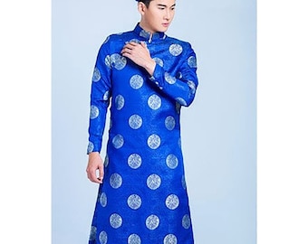 Pre-make Vietnamese Traditional Ao Dai, Innovative Red blue men&#39;s Ao Dai with Traditional motifs for boy men&#39;s  party Ao Dai no pant