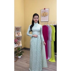 Pre-make Vietnamese Traditional Ao Dai, brocade Ao Dai, green dress with pants for Girls Women wedding party ao dai gam co cao, xanh bơ