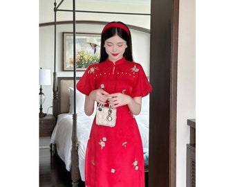 Modern ao dai embroidered flowers, Pre-make Vietnamese Traditional Ao Dai with pants for Girls Women birthday holiday party, áo dài thêu