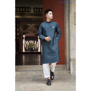 Pre-make Vietnamese Traditional Ao Dai, Innovative blue men's Ao Dai with Traditional motifs  for boy men's party Ao Dai New Year no pant