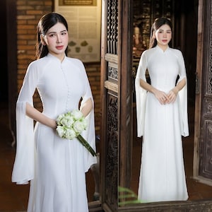 Pre-make Vietnamese Traditional Ao Dai, White dress Split Sleeves  with pants for Women girl Birthday holidays wedding, áo dài trắng tay xẻ.