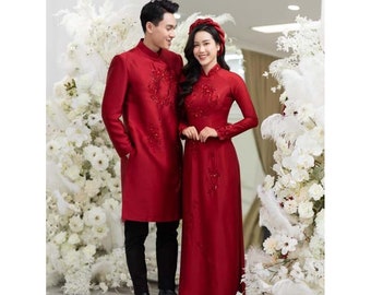 Rode bruiloft Ao Dai hechten motieven, bruidsjurk, mannen ao dai, paar ao dai, Pre-make Vietnamese traditionele Ao Dai voor meisje vrouwen bruiloft