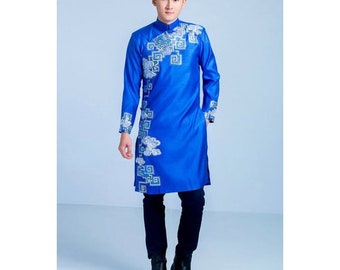 Pre-make Vietnamese Traditional Ao Dai, Innovative Red blue men&#39;s Ao Dai with Traditional motifs for boy men&#39;s  party Ao Dai no pant