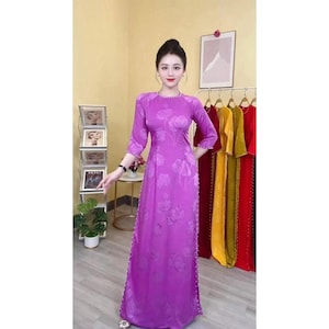 Pre-make Vietnamese Traditional Ao Dai, brocade ao dai round neck , dress with pants for Girls Women ao dai party, wedding many colors