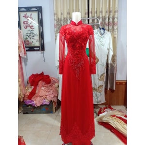 Pre-make Vietnamese Traditional Ao Dai, Red Ao Dai with with pant for Girls Women ao dai wedding party