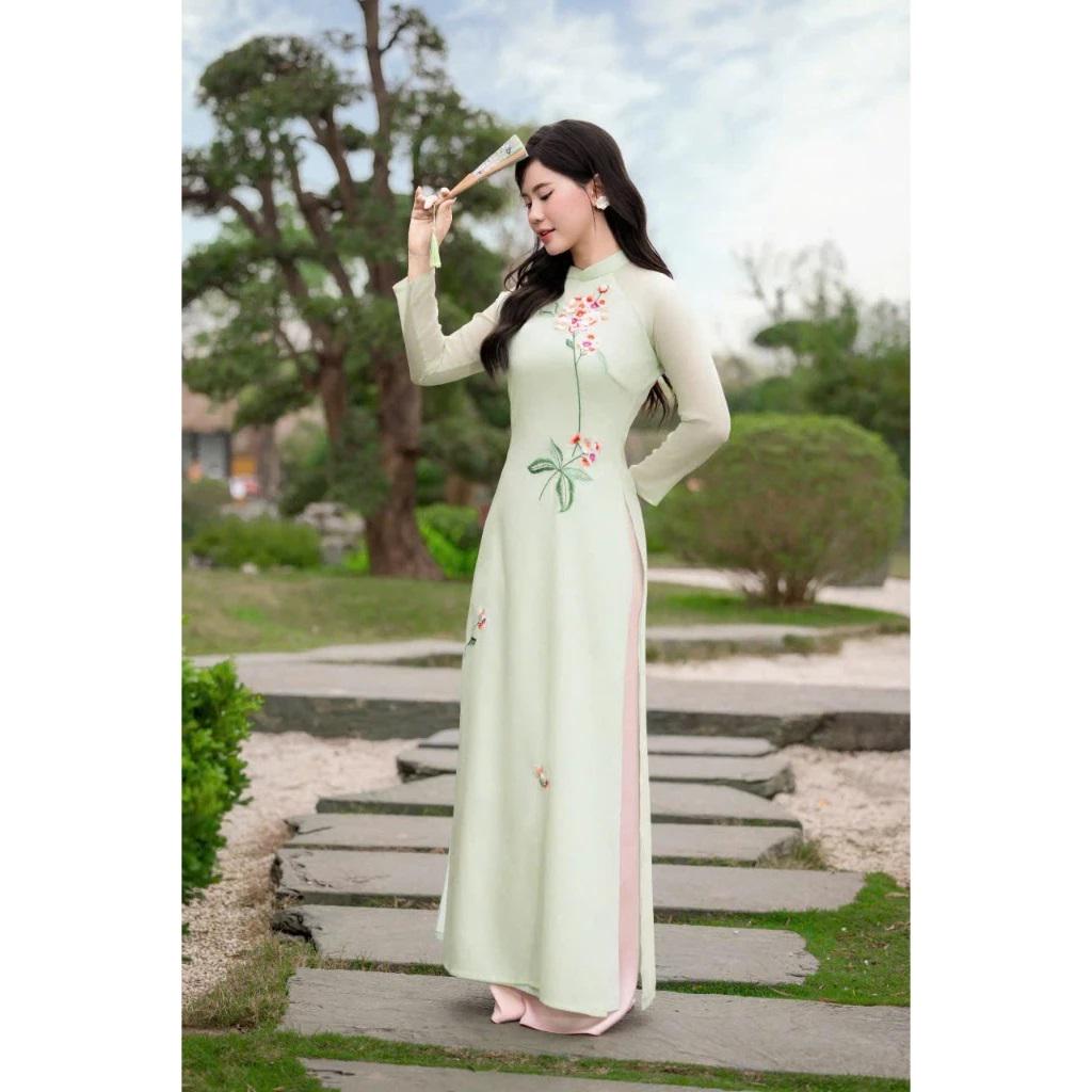 Pre-make Vietnamese Traditional Ao Dai, Minh Chau Silk Ao Dai Soft, Glittering, Traditional smooth Ao Dai with pants for Girls Women ao dai