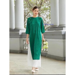 Pre-make Vietnamese Traditional Ao Dai, Brocade green Ao Dai round neck with pants for Women girl Birthday holidays