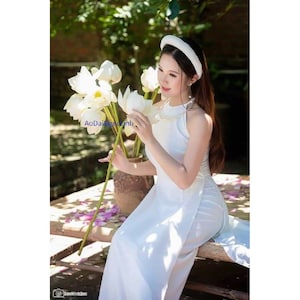 Pre-make Vietnamese Traditional Ao Dai, white Ao Dai yem with pants, head towel for girl Women Birthday holidays