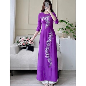 Embroidered flowers Ao Dai, purple Dress, Ready-made Vietnamese Traditional Ao Dai with Pants for Women wedding holiday party, đính kết