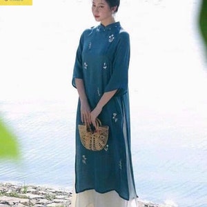 Vietnamese traditional Ao Dai, dark blue dress, Ao Dai embroidered flowers, for Women, Girls/teen New year party ao dai