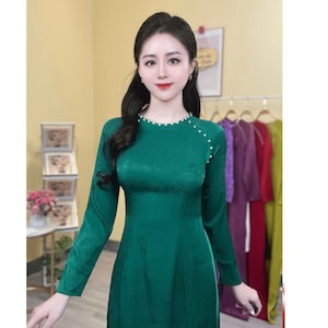 Pre-make Vietnamese Traditional Ao Dai, brocade Ao Dai, green dress with pants for  Girls Women wedding party ao dai gam co tron