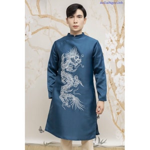 Pre-make Vietnamese Traditional Ao Dai, Innovative blue men's Ao Dai with Traditional motifs for boy M01 men's party Ao Dai new year no pant