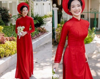 Red Bridal Ao Dai, trouwjurk Pre-make Vietnamese traditionele Ao Dai met broek voor meisjes vrouwen bruiloft vakantiefeest, áo dài đính hạt