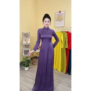 Pre-make Vietnamese Traditional Ao Dai, brocade Ao Dai, purple dress with pants for Girls Women wedding party ao dai gam co cao.