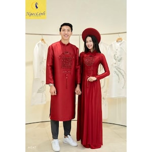 Red Wedding Ao Dai,  Bridal dress  attach motifs, men&#39;s ao dai, couple ao dai, Pre-make Vietnamese Traditional Ao Dai for Girl Women wedding