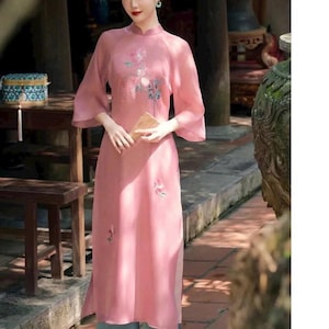 Embroidered ao dai, Pre-make Vietnamese Traditional Ao Dai, pink dress with pant for Girls Women ao dai wedding party ao dai theu