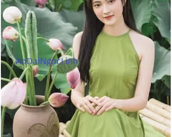 Pre-make Vietnamese Traditional Ao Dai, green Ao Dai yem with pants, head towel for Women girl Birthday holidays