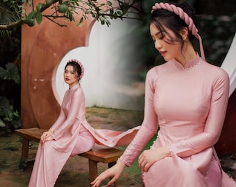 Pre-make Vietnamese Traditional Ao Dai, pink luxury wood grain silk dress, bridal gown, wedding dress with pant for Girls Women Vietnamese