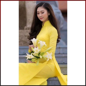 Vorfertigen Sie traditionelles Vietnamesisches Ao Dai, gelbes Ao Dai, jugendliche Eleganz Ao Dai mit Hosen für Mädchen-Frauen ao dai