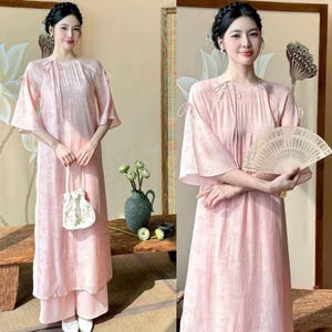 Pre-make Vietnamese Traditional Ao Dai, Ao Dai Cach Tan Form Suong Tơ Crep Printed Flowers Stylized Bow with pants for Girls Women holidays