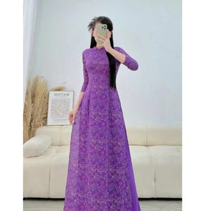 Pre-make Vietnamese Traditional Ao Dai, purple leaves dress, short sleeves, lovely with pant for party, wedding, outdoor activities