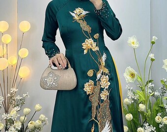 Dark Green Ao Dai for Mothers, Embroidery, Beaded Dress, Pre-make