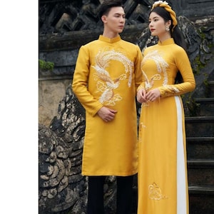 Yellow Wedding Ao Dai attach motif, Bridal dress, men&#39;s ao dai, couple ao dai, Pre-make Vietnamese Traditional Ao Dai for Girl Women wedding