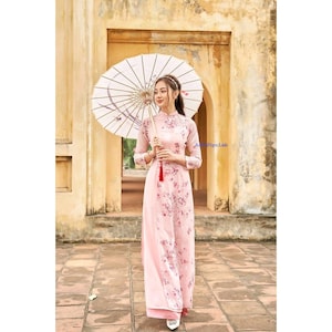 Pre-make Vietnamese Traditional Ao Dai, flowers Innovative Ao Dai, silk lining, pearl, pink Chalk with pant for Girls Women wedding party