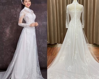 Pre-make Vietnamese traditionele Ao Dai, witte Ao Dai met broek voor meisjes vrouwen ao dai huwelijksfeest, bruids ao dai, witte jurk