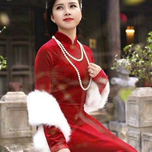 Pre-make Vietnamese Traditional Ao Dai, Traditional smooth velvet red long dress, red ao dai for Girls Women ao dai Birthday, wedding, party