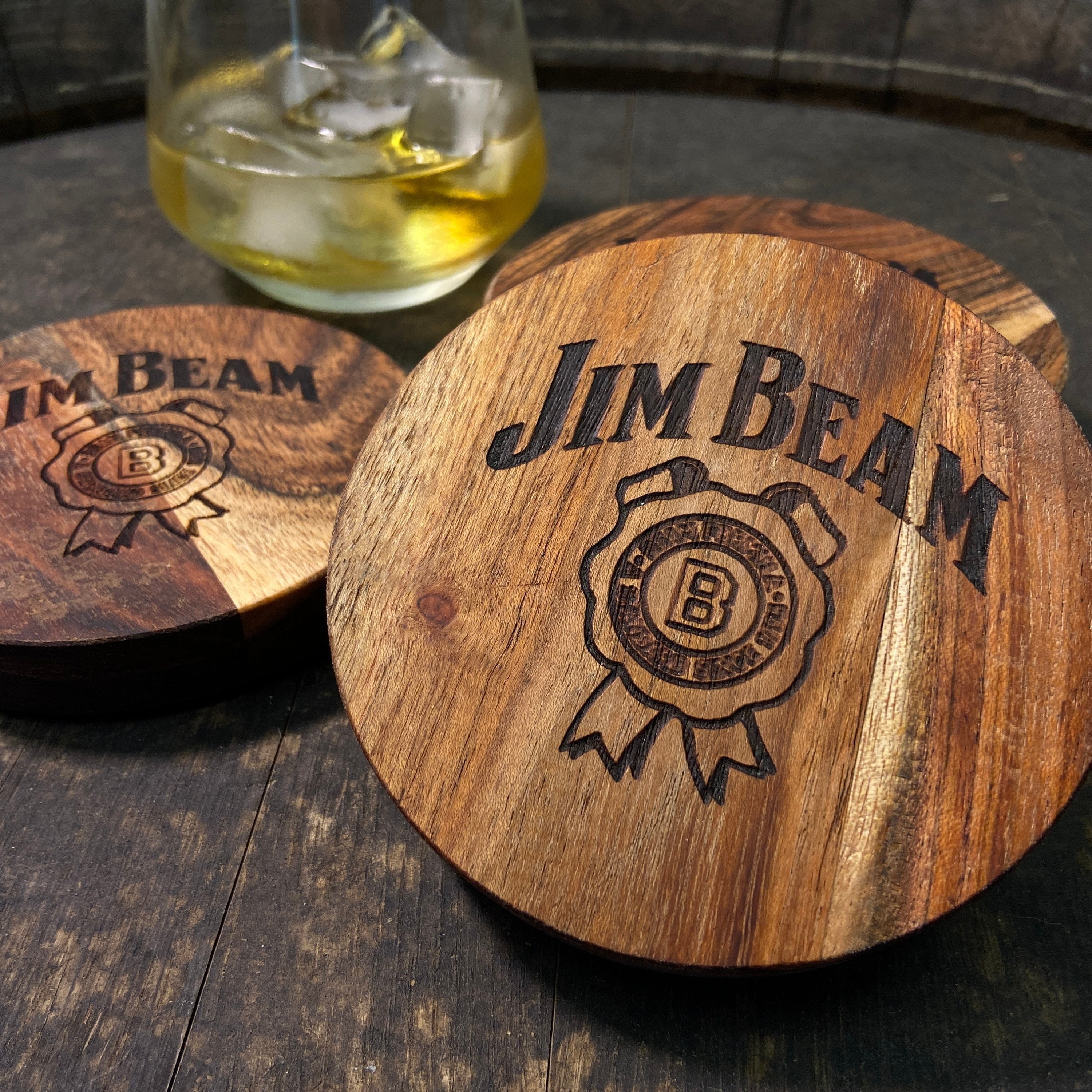 Jim Beam Laser Engraved Wooden Coasters Set | Alcohol-Themed Gift | Birthday or Christmas Present for Whiskey Lovers