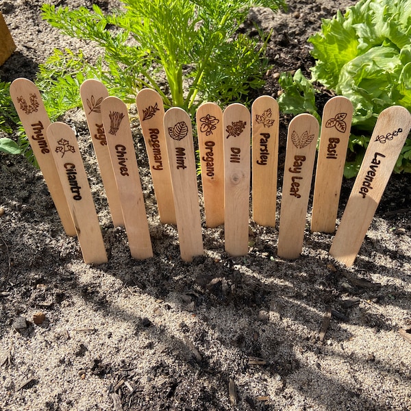 Engraved Wooden Herb Stake Labels | Gift | Garden Enthusiast | Unique Herb Stakes 12 pack | Gardening Gifts | Veggie Garden | Plants