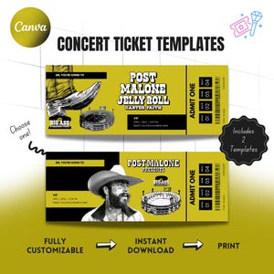 以下が含まれることがあります： 黄色と黒のデザインの2つのコンサートチケットテンプレート。チケットには「Post Malone Jelly Roll」と「Big Ass Stadium Tour」の文字が記載されています。チケットは完全にカスタマイズ可能で、すぐにダウンロードして印刷できます。