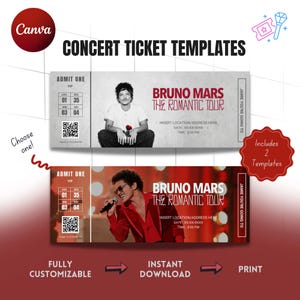 Op de afbeelding: Concertticket templates met Bruno Mars' "The Romantic Tour". Het ontwerp bevat twee sjablonen, volledig aanpasbaar en direct te downloaden. De tickets hebben een VIP-sectie en een QR-code.