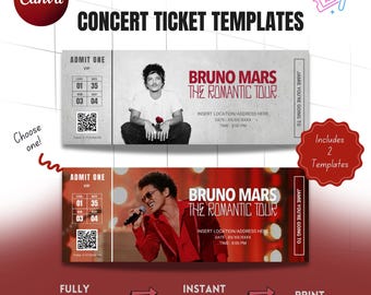 BRUNO MARS "The Romantic Tour" World Tour CANVA Editable Ticket Templates, For Souvenir & Keepsake