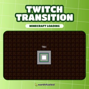 Może przedstawiać: Ekran przejścia Twitch w stylu Minecraft, zielony i brązowy. Tekst "TWITCH TRANSITION" znajduje się na górze, a pod nim "MINECRAFT LOADING". Pasek postępu pokazuje 70% ukończenia. Tło ma wzór siatki.
