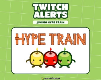 May include: A Twitch alert graphic with the text "Hype Train" in wooden letters. Three cartoon characters, a yellow, red, and green apple, are lined up in a row. The text "Junimo Hype Train" is at the top of the graphic.