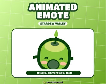 May include: Animated emote from Stardew Valley featuring a green, cartoon-style olive with a smiling face and a small sprout. The image includes the text "ANIMATED EMOTE" and "STARDEW VALLEY" on a light green background with a grid pattern.
