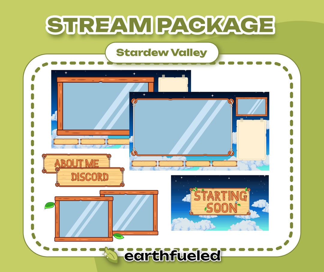 Stardew Valley FULL STREAM PACKAGE customizable Cute Wood, Cloudy and Leafy Theme 2 Overlays, 4
