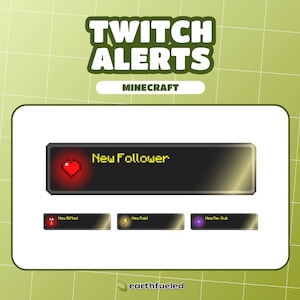 Könnte beinhalten: Ein Satz Twitch-Benachrichtigungsgrafiken für Minecraft. Die Grafiken sind im Pixel-Stil gehalten und zeigen ein rotes Herz, einen Blitz und einen lila Stern. Der Text "Neuer Follower", "Neues Geschenk", "Neuer Raid" und "Neuer Re-Sub" wird auf den Grafiken angezeigt.
